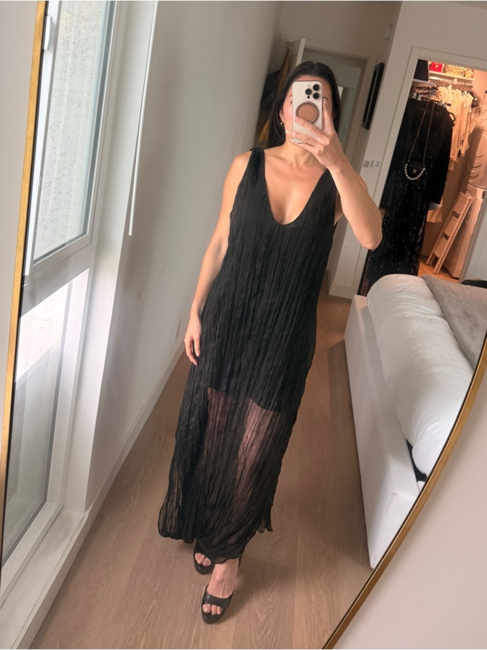 Massimo Dutti Limited Edition Black Sheer V-Neck Tulle Draped Maxi Dress XS